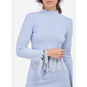 STAUD Women's S Joplin Faux Pearl Trim Fringe Long Sleeve Top Ice Blue